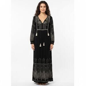 World Market Black Embroidered Tassel Boho Peasant Long Sleeve Maxi Dress S/M